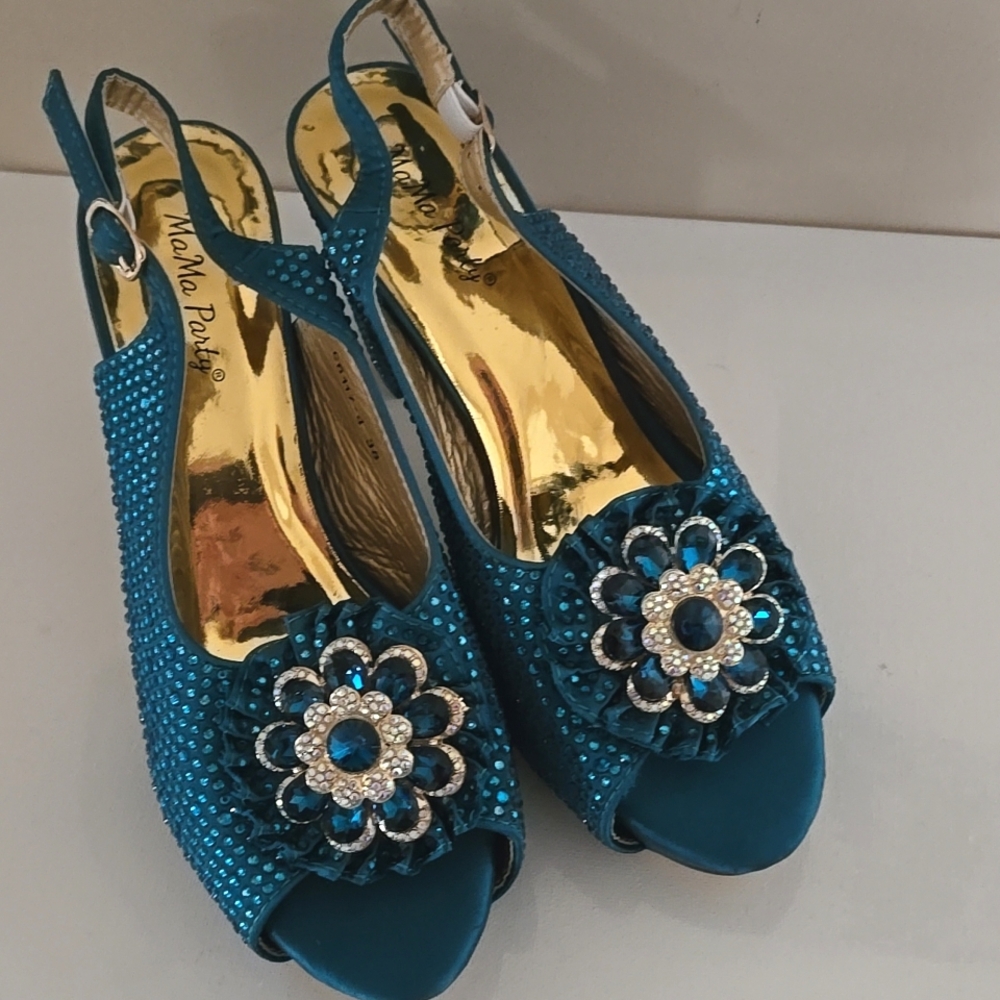 Glittering Teal Crystal Embellished Heels 7.5